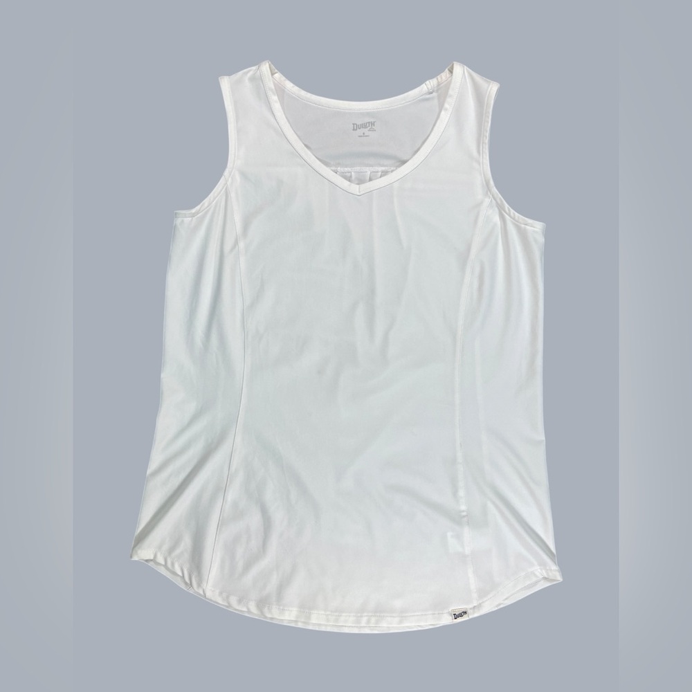 Duluth Trading White Performance V-Neck Tank Top size S, semi-sheer cooling